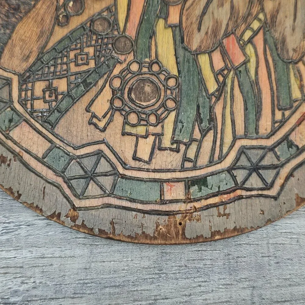 Flemish Wood Carved Mosaic Glass Inlay Native American Oval Photography Art Work